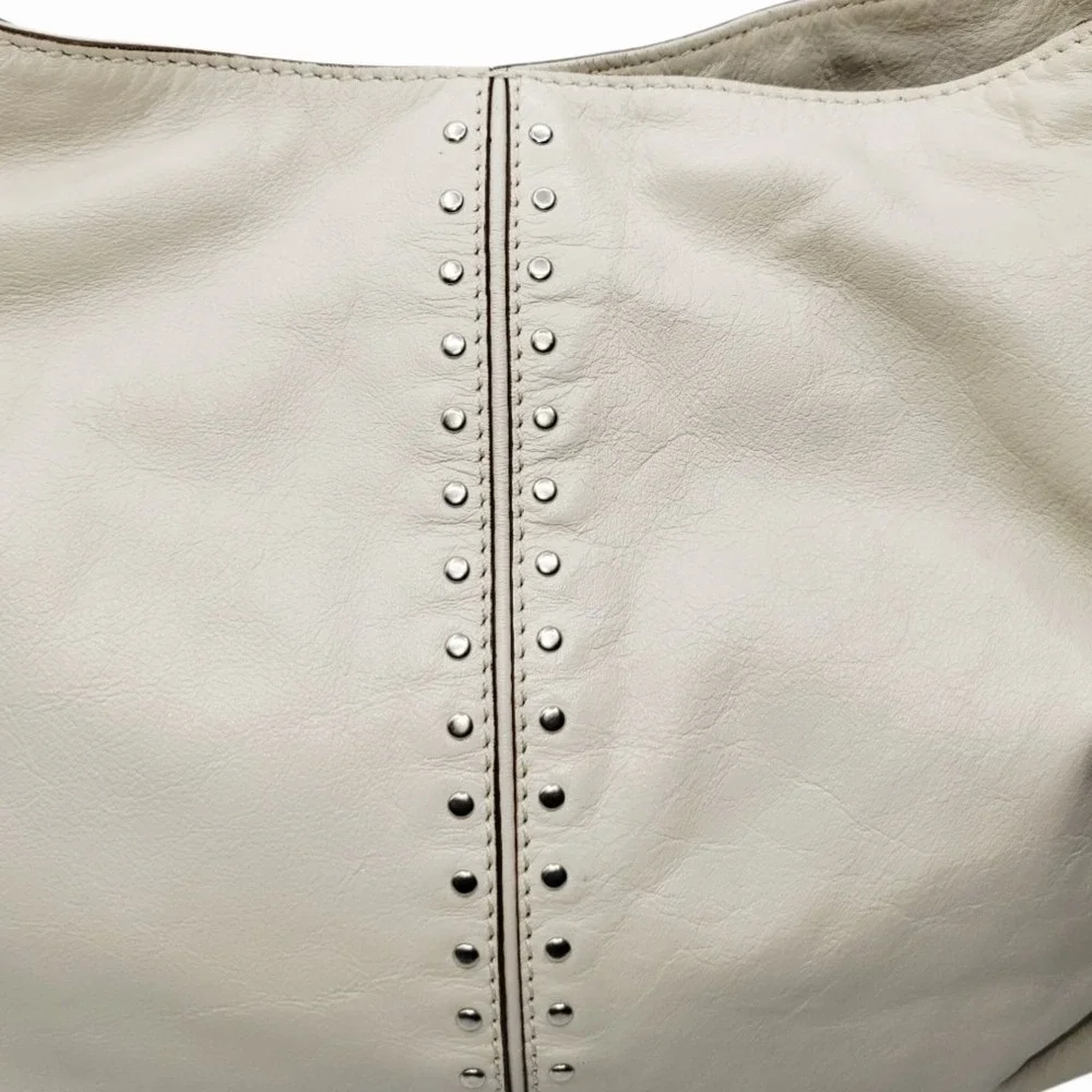 Michael Kors Ivory Leather Shoulder Bag Hobo Purse Studded Buckle Strap MK